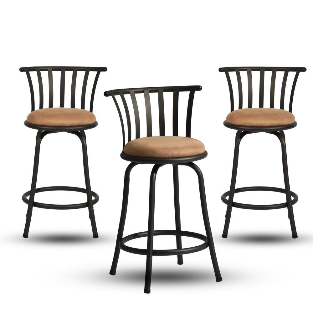Set of 3 Beige Suede Swivel Counter Barstools with Black Metal Frame