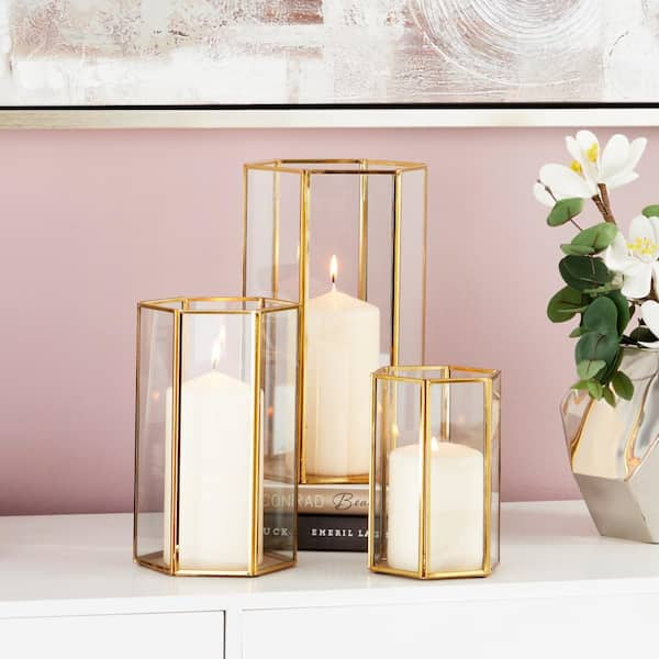 CosmoLiving by Cosmopolitan Gold Glass Decorative Candle Lantern with Metal Plate (Set of 3)