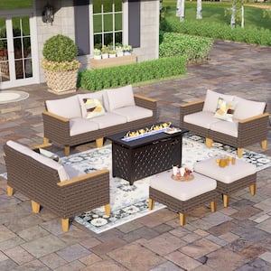 Brown Wicker Rattan 9 Seat 10-Piece Steel Outdoor Patio Conversation Set with Beige Cushions, Rectangular Fire Pit Table