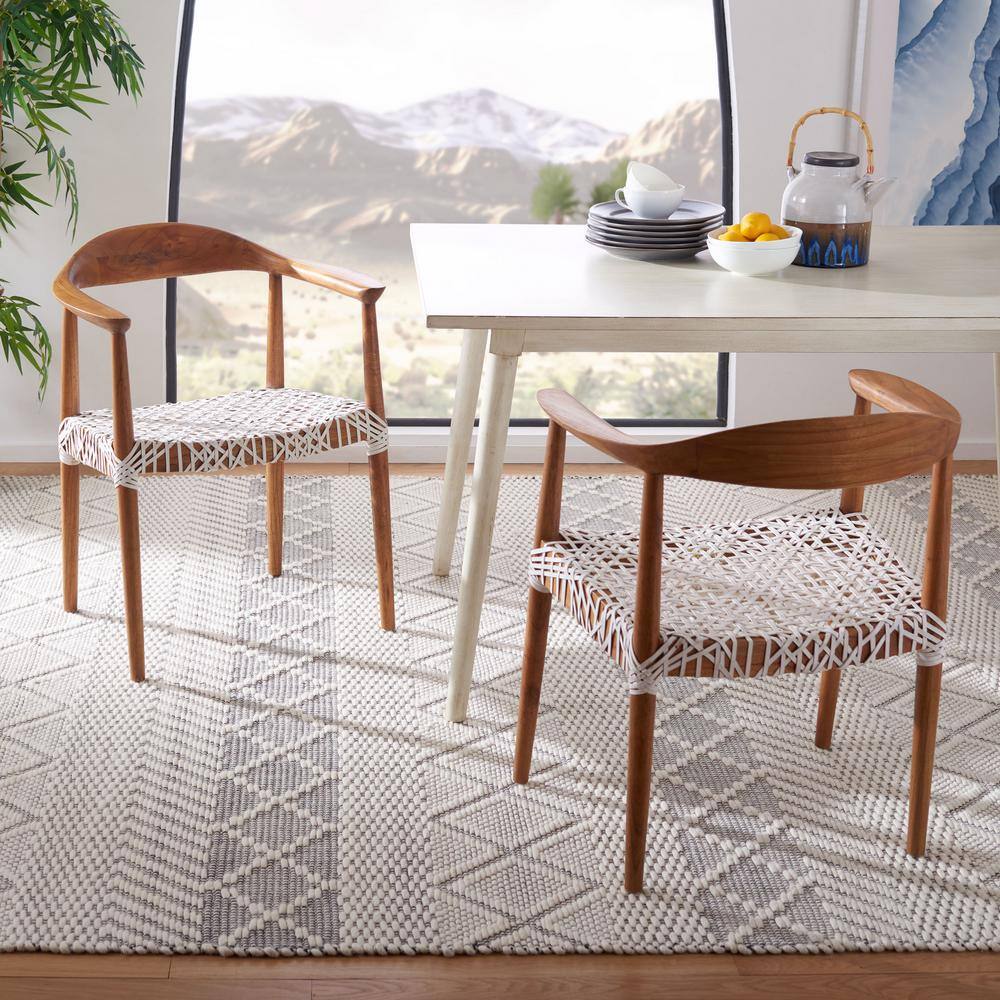 Natural Mindi Wood and White Leather Woven Accent Chair