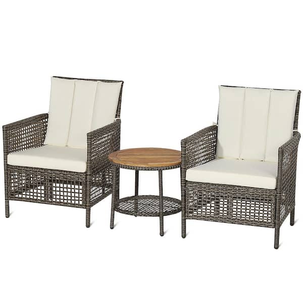 Costway 3-Piece Patio Rattan Furniture Set Cushioned Sofas Wood Table Top with Shelf in Off White