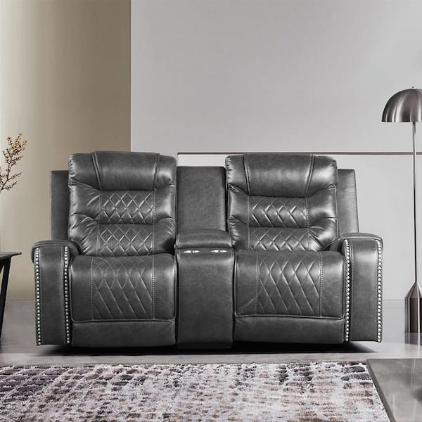 Lazzara Bergen 77.5 in. W Gray Faux Leather Double Glider Manual Reclining Loveseat w/ Center Console, Receptacles and USB Port