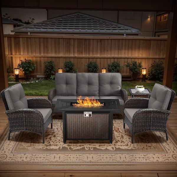 Opohoro Brown 5-Piece Wicker Patio Fire Pit Set, Outdoor Sofa Seating Set with Olefin Gray Cushions and Patio Armchairs