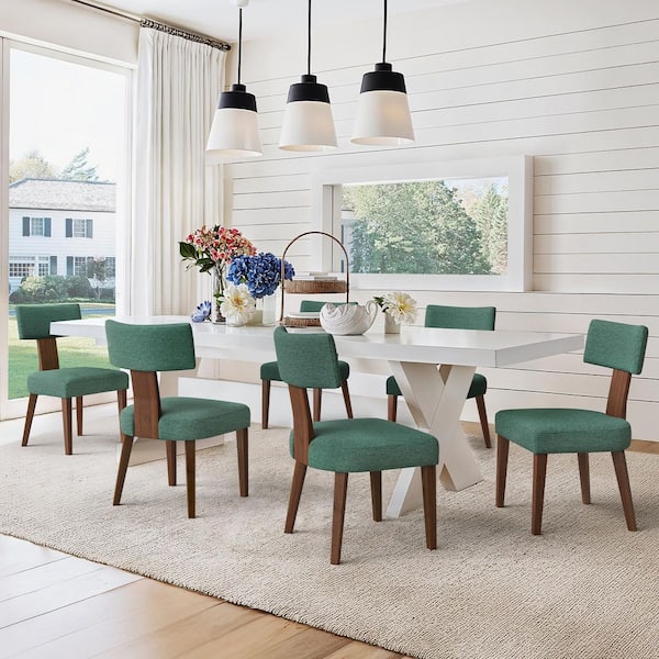 OrangeOne Modern T-Backrest Dining Chair Dark Green Fabric Upholstered Solid Wood Frame Accent Dinning Chair Set of 6
