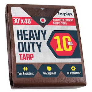 Tarplex 30 ft. x 40 ft. Brown Silver Heavy-Duty Tarp 10 Mil Poly, Waterproof UV Resistant for Patio Pool Cover Roof Tent