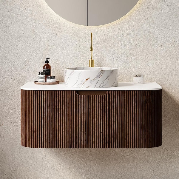 35.83 in. Single Sink Floating Walnut Bath Vanity with Marble Sintered Stone Top