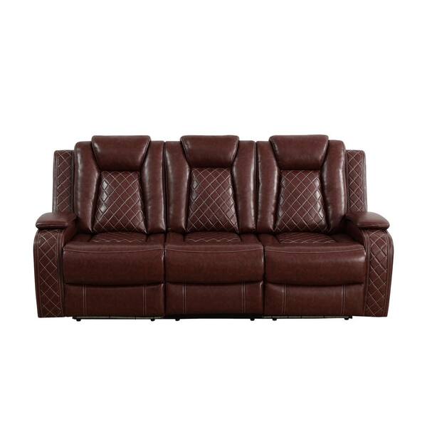 AndMakers 83.5 in. W Round Arm Faux Leather Rectangle Reclining Sofa in. Red