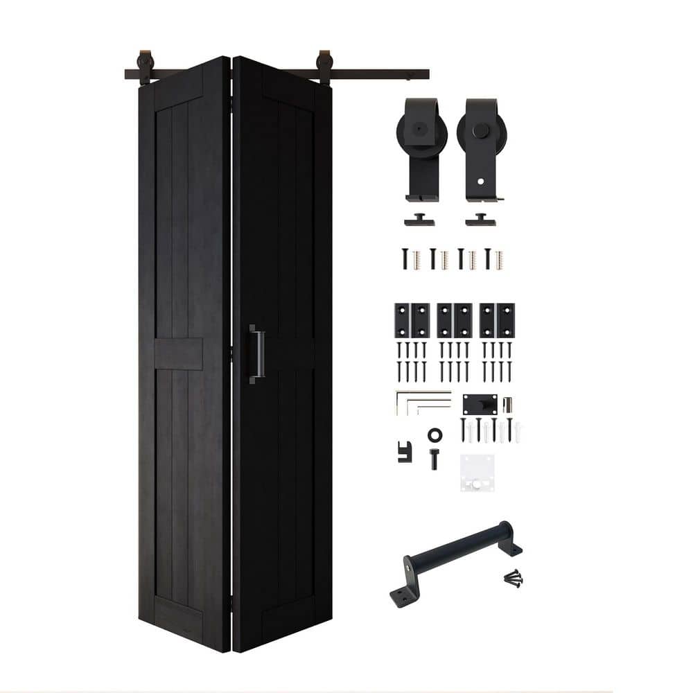 26 in. x 84 in. 5-in-1 Design Black Solid Core Pine Wood Sliding Bi-fold Door with T-Shape Roller Hardware Kit price history on PriceWatchPro