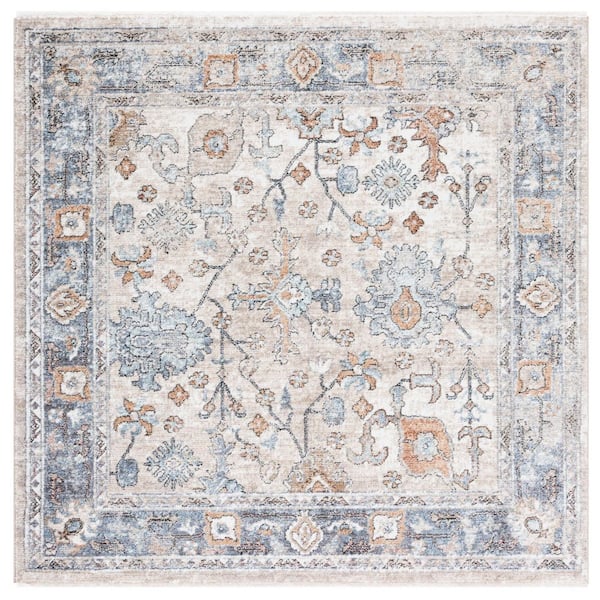 Jasmine 5 ft. x 5 ft. Ivory/Blue Distressed Floral Square Area Rug