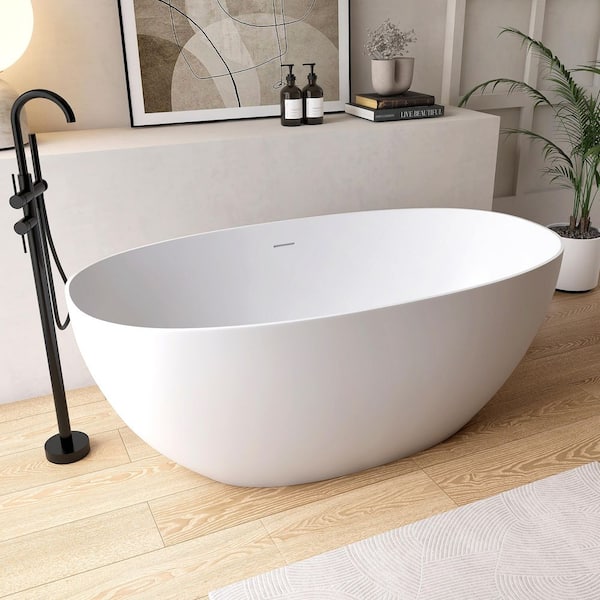 59 in. x 31 in. Stone Resin Freestanding Soaking Bathtub in White