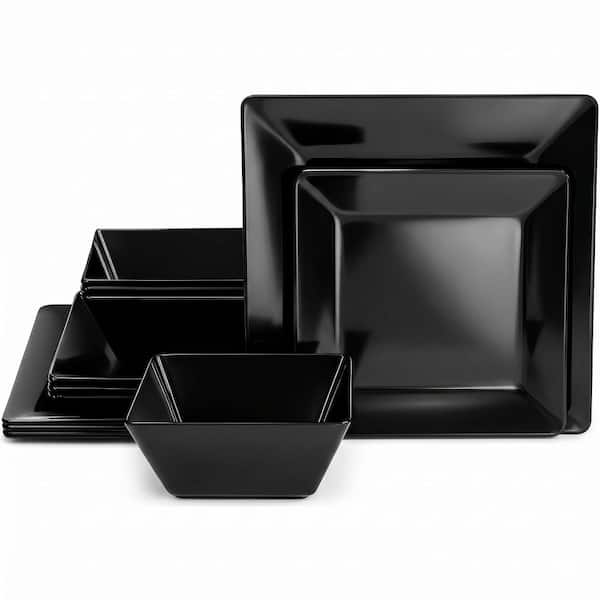 12-Piece Square Melamine Dinnerware Set in Black Service for 4 with Dinner Plates Salad Plates and Bowls