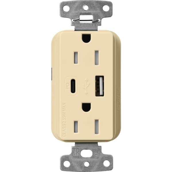Claro 15 Amp Tamper Resistant USB Type A/C Duplex Receptacle, Decorator Style Outlet Gloss Finish, CAR-15-ACTR-IV, Ivory