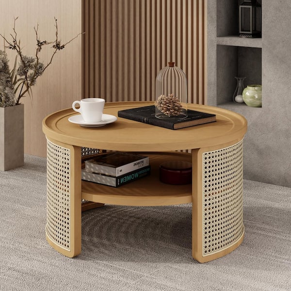 Harper & Bright Designs 31.3 in. Natural Double Tiered Round Wood Coffee Table with Storage Rattan Base