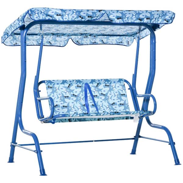 Outsunny Outdoor 2-Seat Metal Children Patio Swing, Toddler Glider with Adjustable Canopy, Seat Belt