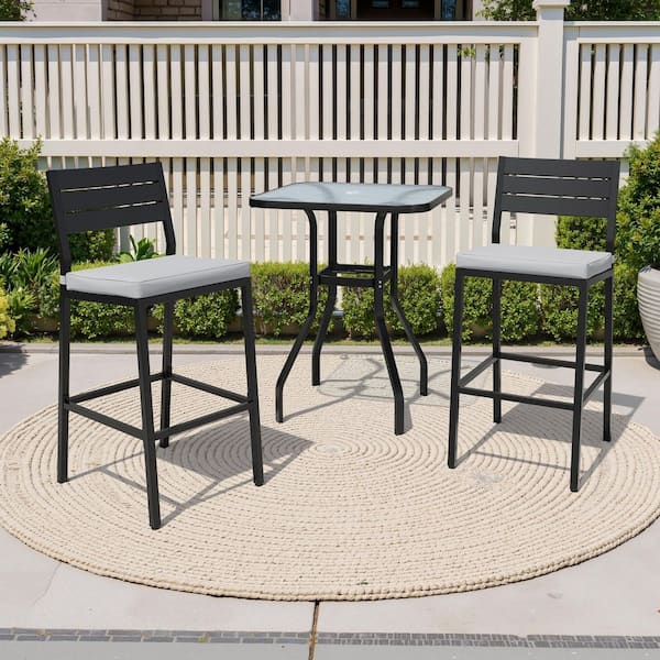 3-Piece Square Aluminum Outdoor Bistro Set with 27.1 in. Table and Bar Stool with Cushion in Light Gray