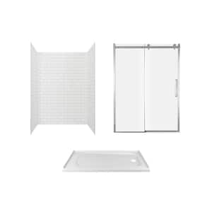 Passage 60 in. x 72 in. 3-Piece Glue-Up Alcove Shower Wall, Door and Base Kit with Right Hand Drain in White Subway Tile