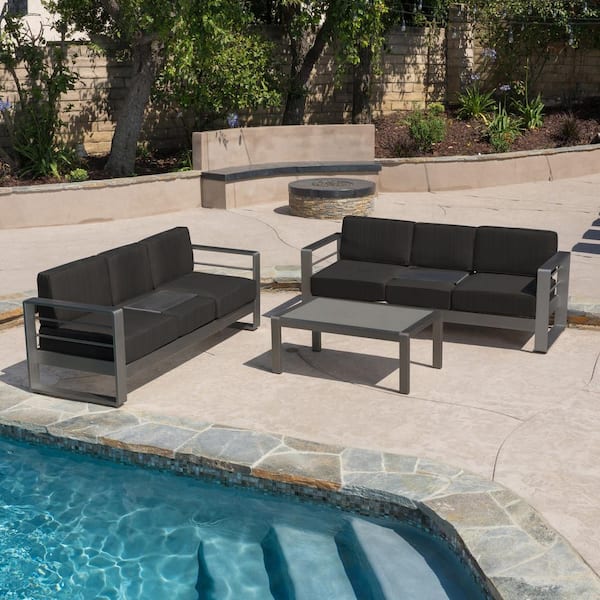 Noble House Cape Coral Grey 3-Piece Aluminum Patio Conversation Set with Dark Grey Cushions