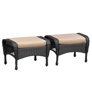 2-Piece Wicker Outdoor Ottoman Patio Rattan Footrest Seat with Khaki Cushions for Garden, Backyard, Balcony and Poolside