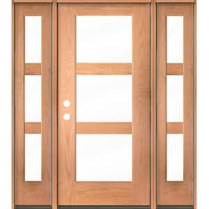 BRIGHTON Modern 64 in. x 80 in. 3-Lite Right-Hand/Inswing Clear Glass Teak Stain Fiberglass Prehung Front Door w/DSL