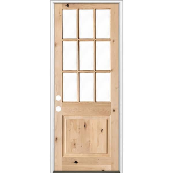 36 in. x 96 in. Craftsman 9-Lite Clear Beveled Glass Right-Hand Inswing Unfinished Knotty Alder Prehung Front Door