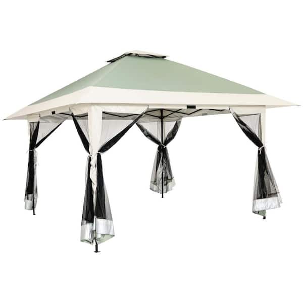 13 ft. x 13 ft. Olive Pop Up Gazebo Canopy Tent Shelter with Zippered Mesh Mosquito Netting, Wheeled Roller Carry Bag