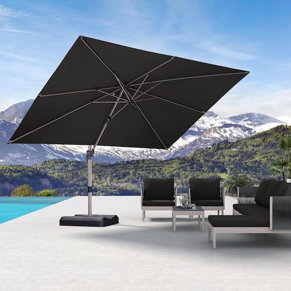 PURPLE LEAF 9 ft. x 11 ft. Patio Cantilever Umbrella Light Champagne Aluminum Offset 360° Rotation Umbrella with Base, Gray