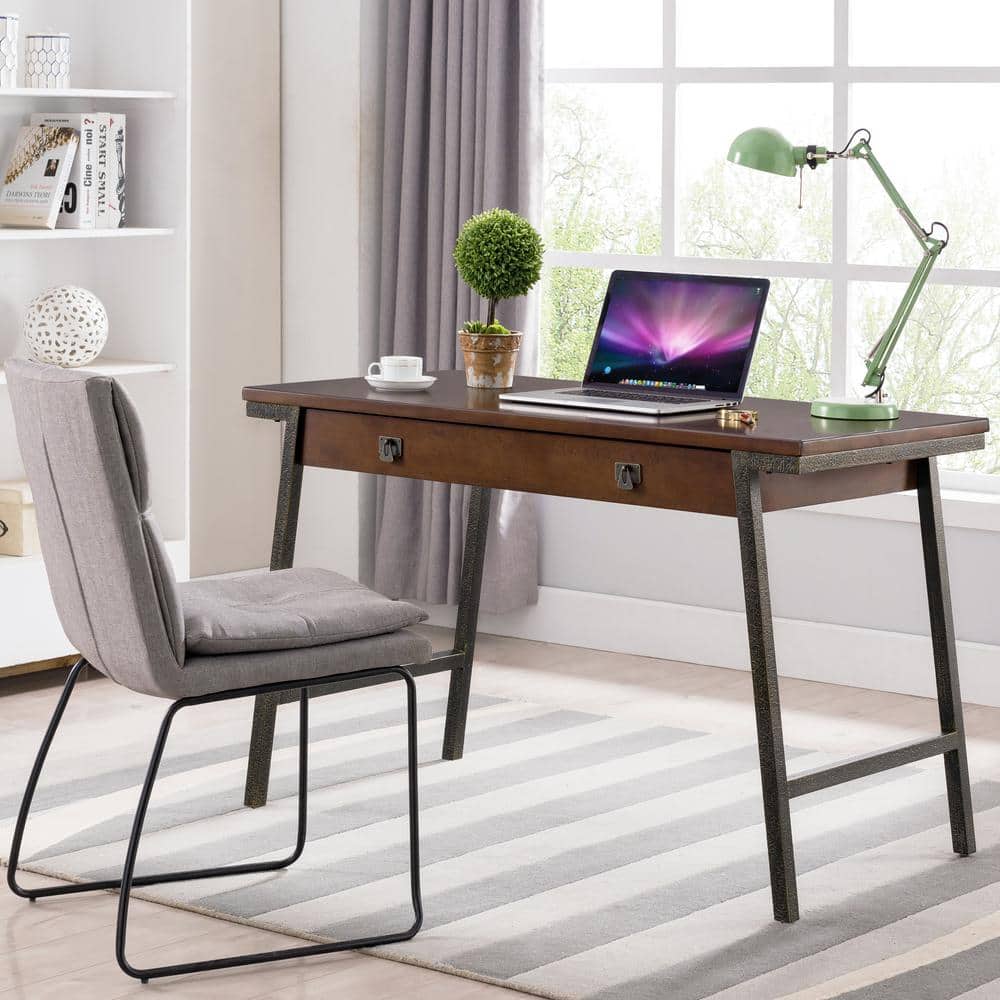 Empiria Medium Walnut Office Desk with Foundry Bronze Frame and Keyboard Tray