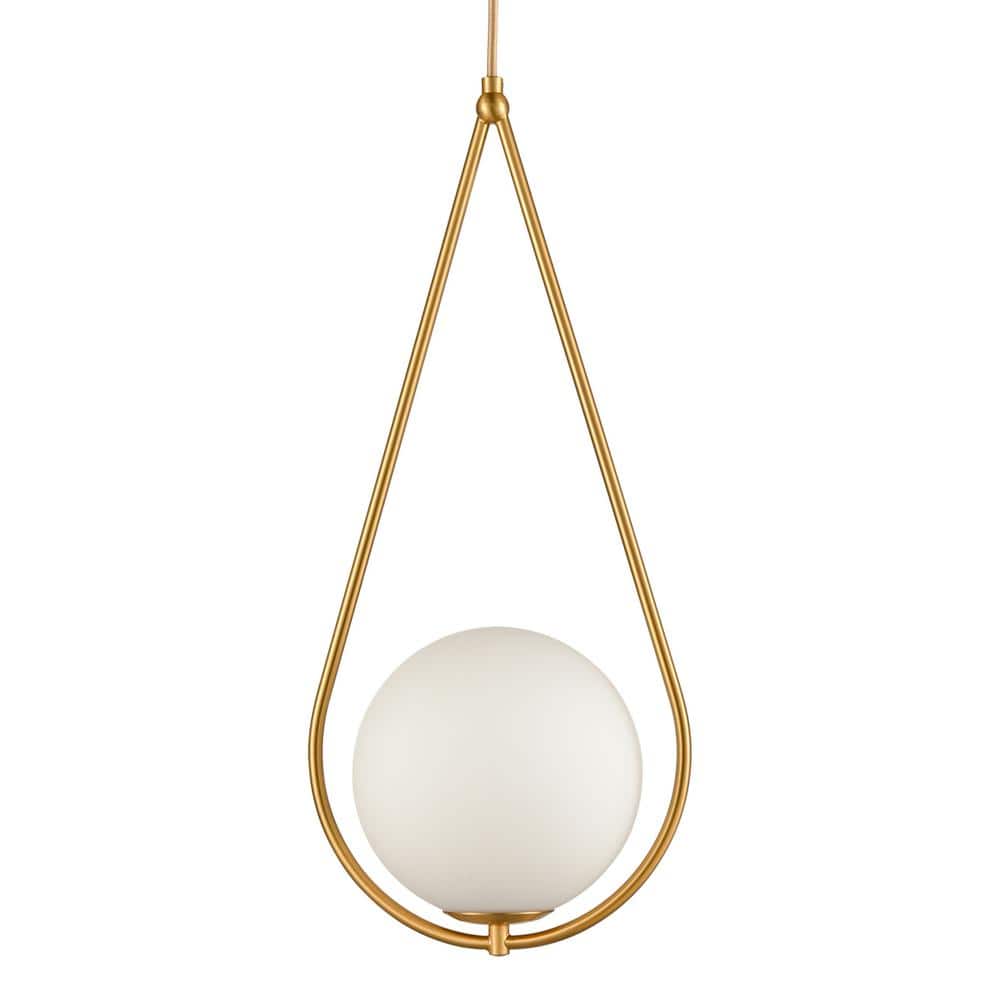 Gold Brass Teardrop Pendant Lamp with Milk Glass Globe Shade