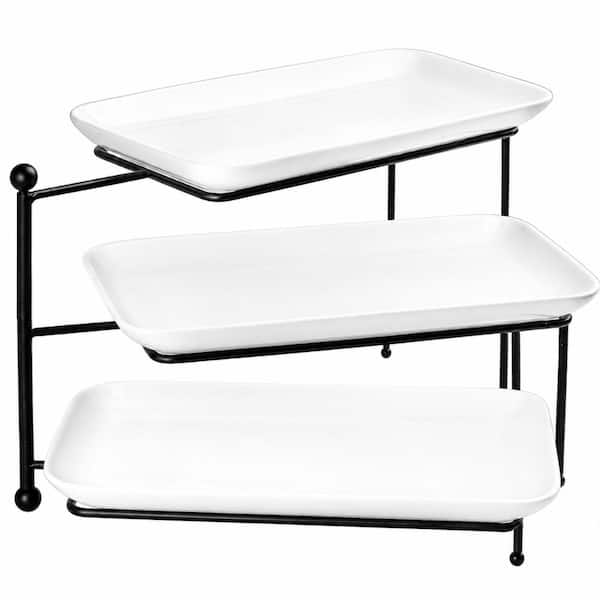 3-Tier White Porcelain and Metal Foldable Rotatable Rectangular Cake and Dessert Serving Stand