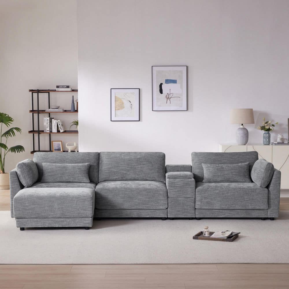 124 in. L Shaped 4 Seat Chenille Modular Sectional Sofa in. Gray with Stora