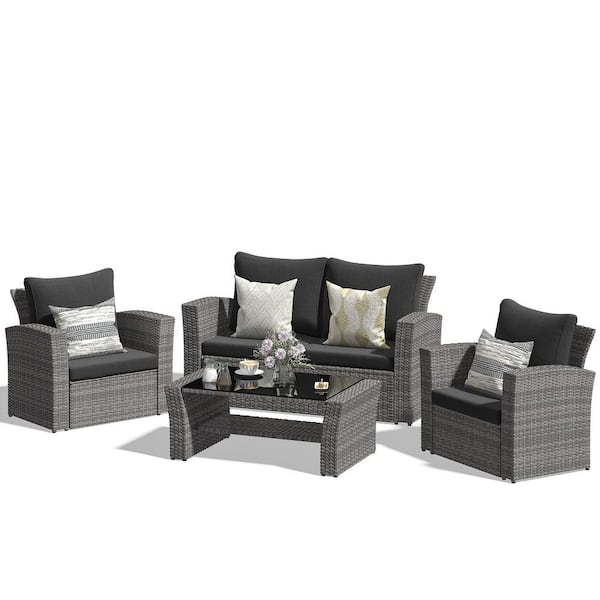 SUNVIVI 4-Piece Wicker Patio Conversation Set with Dark Grey Cushions