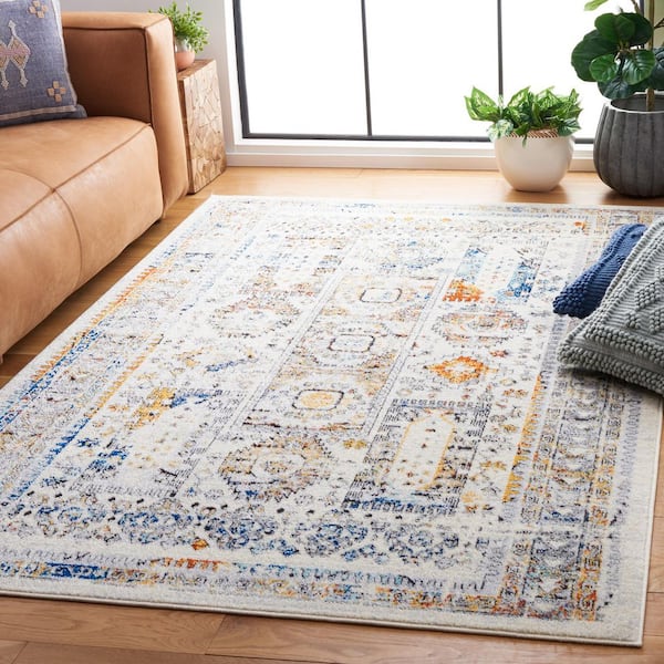 Tulum 4 ft. x 6 ft. Ivory Gray/Blue Rust Ornate Border Area Rug