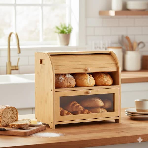 Bamboo Roll-Top 2 Tier Bread Box with Acrylic Door Vents Large Capacity Food Storage Set for Kitchen