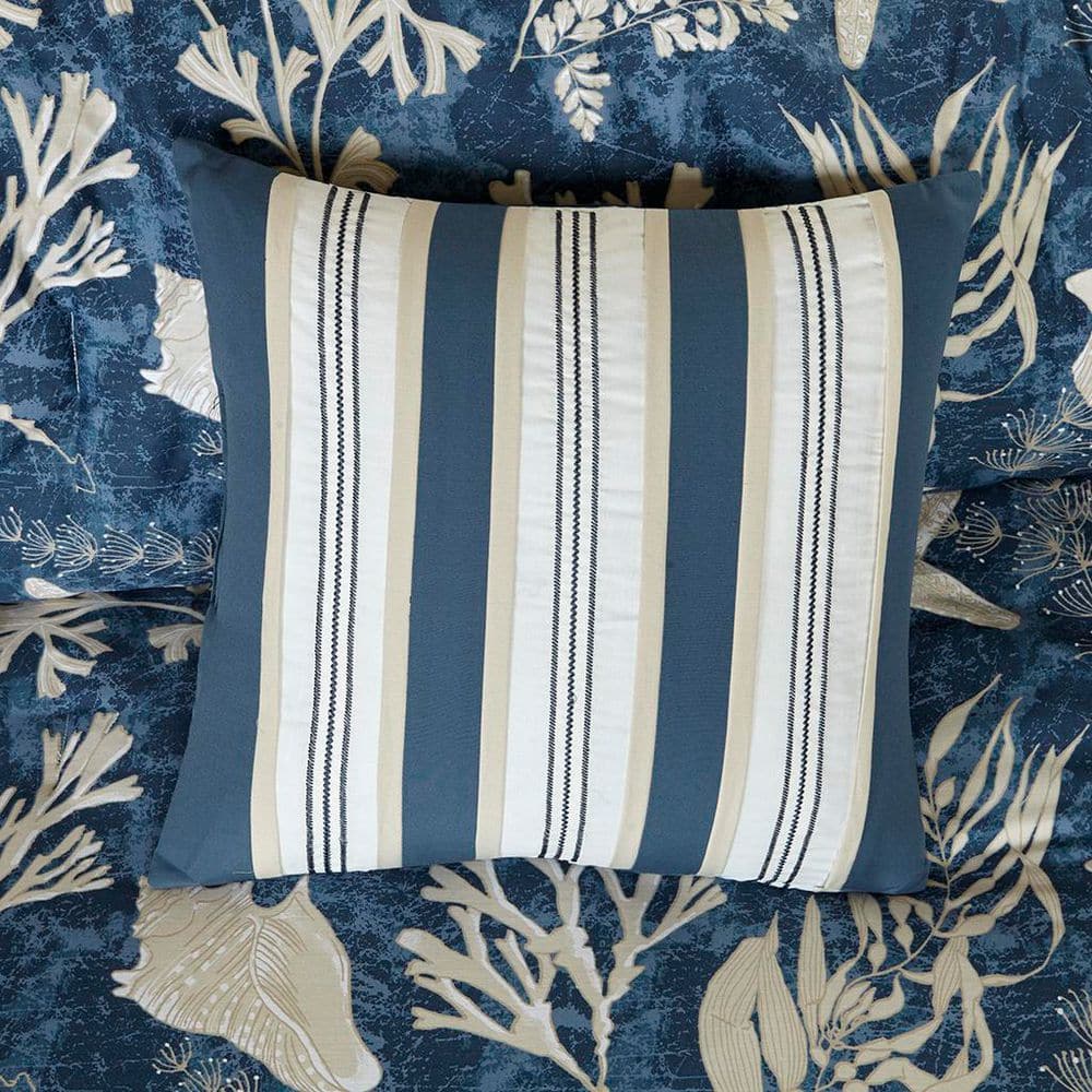 Blue Coastal Cotton Queen Comforter Set with Embroidered Details