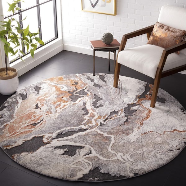 Cyrus Shag 3 ft. x 3 ft. Dark Gray/Orange Marble Abstract Round Area Rug
