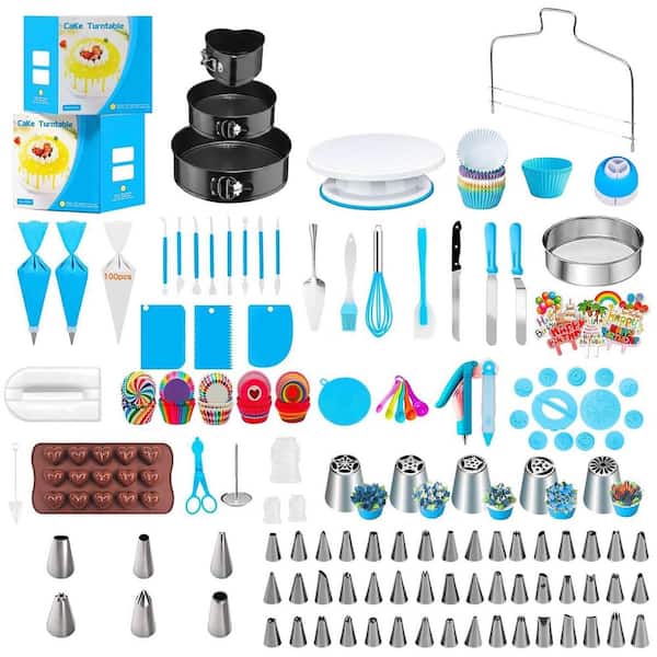 Cake Decorating Kit 530-Piece Plastic Stainless Steel White Revolving Turntable with Tools for Beginners and Pros