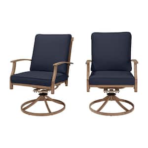 Geneva Brown Wicker Outdoor Patio Swivel Dining Chair with CushionGuard Midnight Navy Blue Cushions (2-Pack)