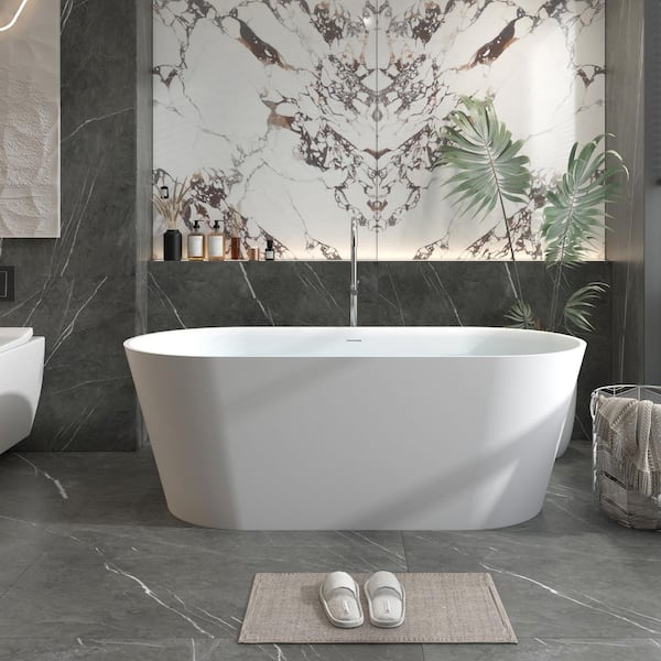 Moray 63 in. x 30 in. Solid Surface Stone Resin Flatbottom Freestanding Bathtub Soaking Bathtub in Matte White