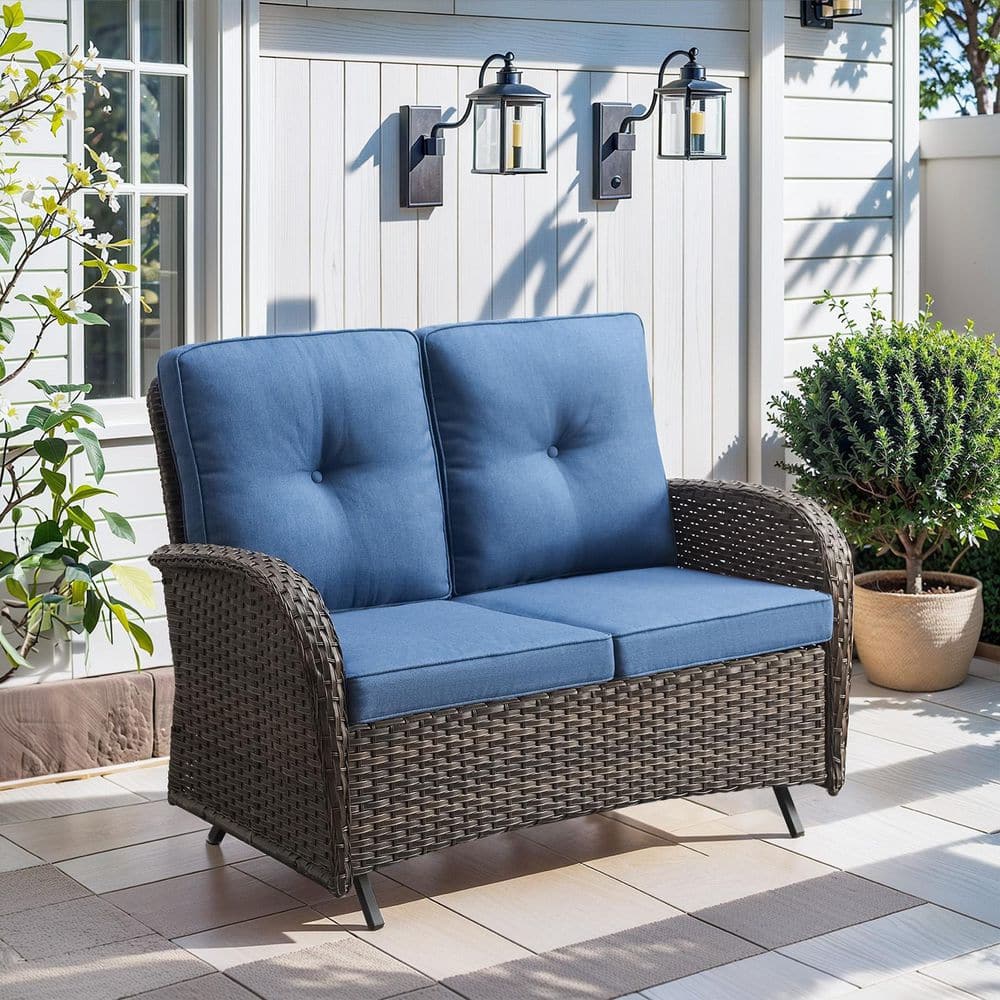 SleekArm Brown PE Wicker Outdoor Glider Loveseat with Blue Cushions and Glide Function price history on PriceWatchPro