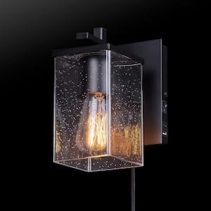 Barrett 1-Light Matte Black Plug-In or Hardwire Wall Sconce with USB and USB-C Port, Seeded Glass Shade
