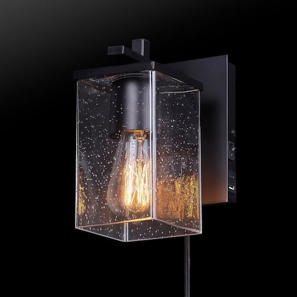 Barrett 1-Light Matte Black Plug-In or Hardwire Wall Sconce with USB and USB-C Port, Seeded Glass Shade