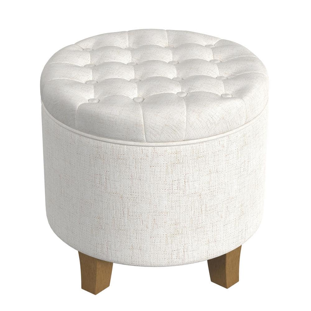 Cream Tufted Round Storage Ottoman with Wooden Legs