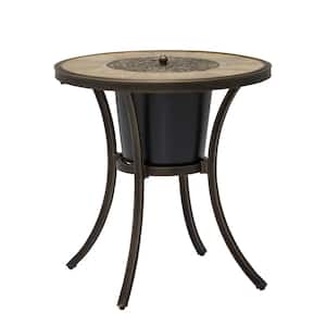 Patio Round Aluminum Outdoor Dining Table Ceramic Tile Top Accent Coffee Table with Ice Bucket