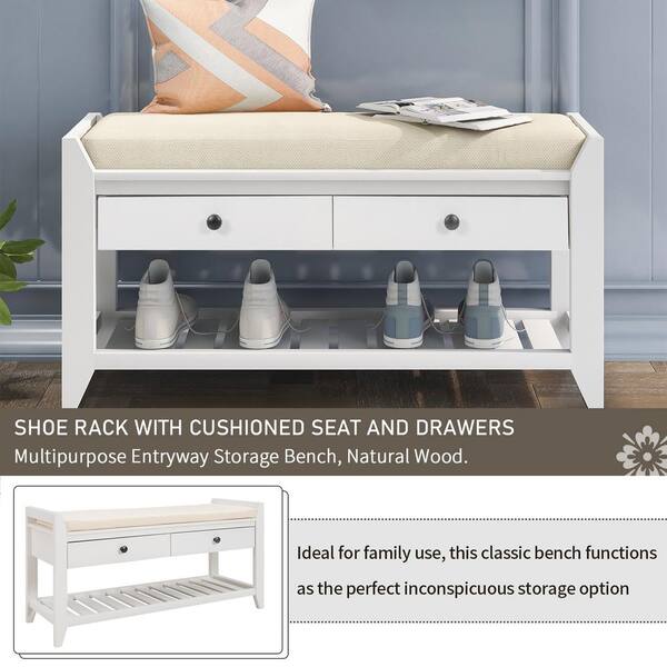 Shoe Bench With Cushion 3 Compartments Entryway Storage Padded Seat Furniture