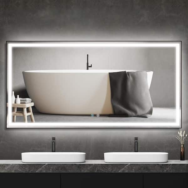 Zmf 72 in. W x 36 in. H Large HD Rectangular Dimmable Black Framed Wall Mounted LED Lighted Bathroom Vanity Mirror