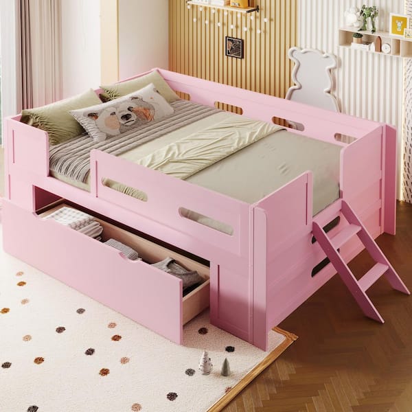 Pink Wood Frame Full Size Platform Bed with Guardrail and Drawer