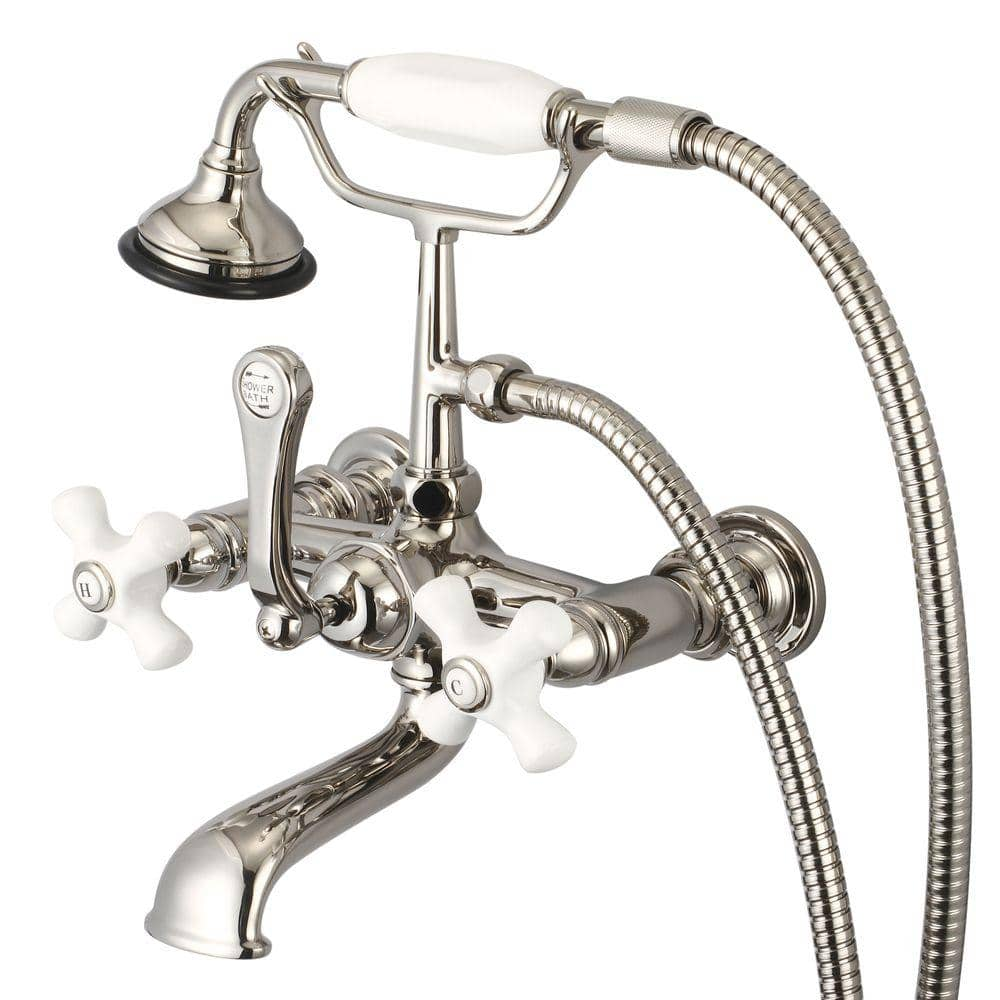 Water Creation 3-Handle Vintage Claw Foot Tub Faucet with Hand Shower and Porcelain Cross Handles in Polished Nickel PVD