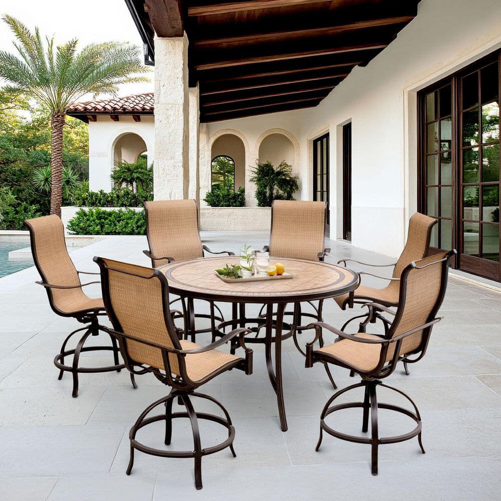 Monaco Tan and Bronze Aluminum 7-Piece High-Dining Set with Round Tile-Top Table