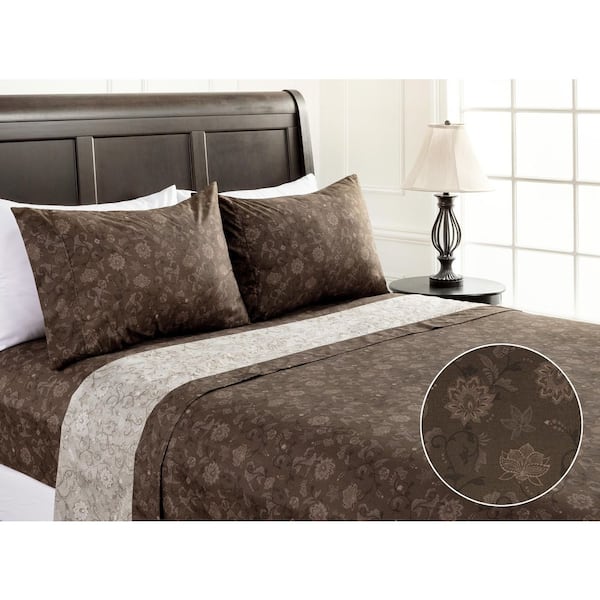 3-Piece Elegant Floral Brown Pattern Print Microfiber Bedsheets Set, Twin