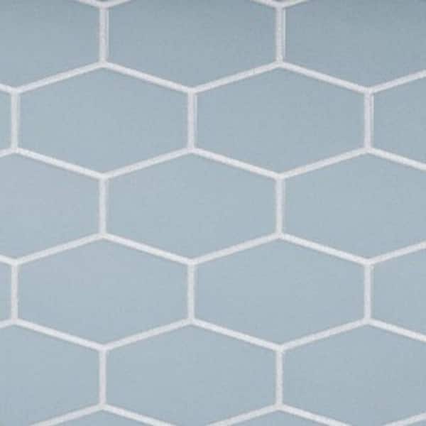 CRUZ BAY STUDIO Long Hex 2.83-3in. x3. 5-4in. Aqua Blue Matte Glass Mesh-Mounted Mosaic Tile Sample
